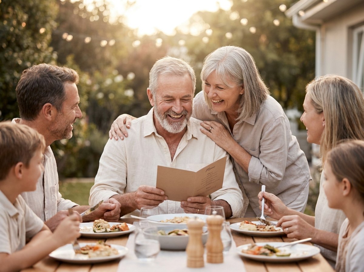 A couple enjoying dinner with their family, reading the menu with ease